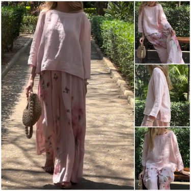 🌸Spring Specials💓Solid Tops & Floral Wide-Leg Pants (2-Piece Set)